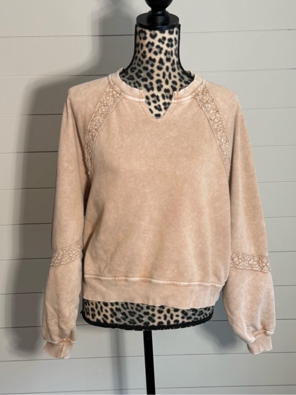 Aerie Washed Beige Crochet Lace Sweatshirt XS